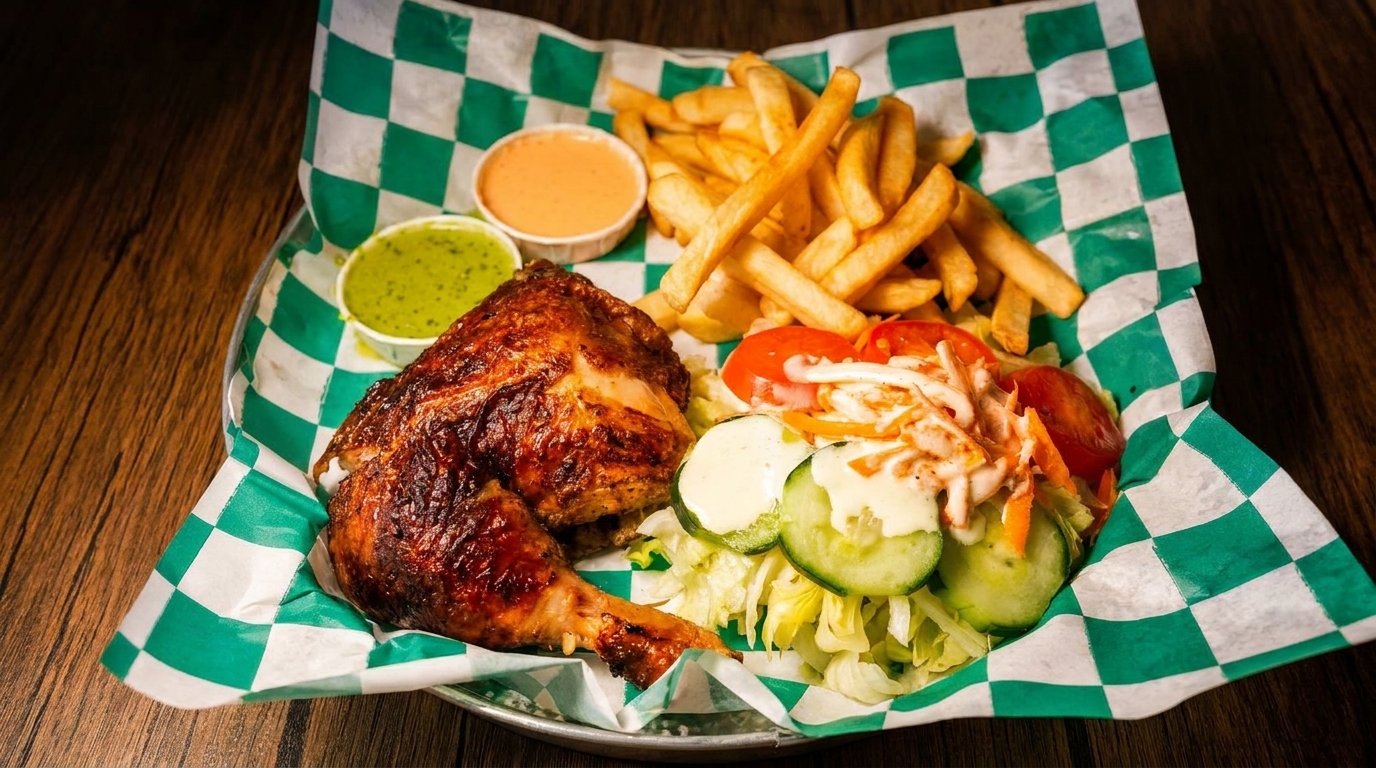 Grilled chicken leg and thigh with fries, salad, and two dipping sauces on checkered paper.