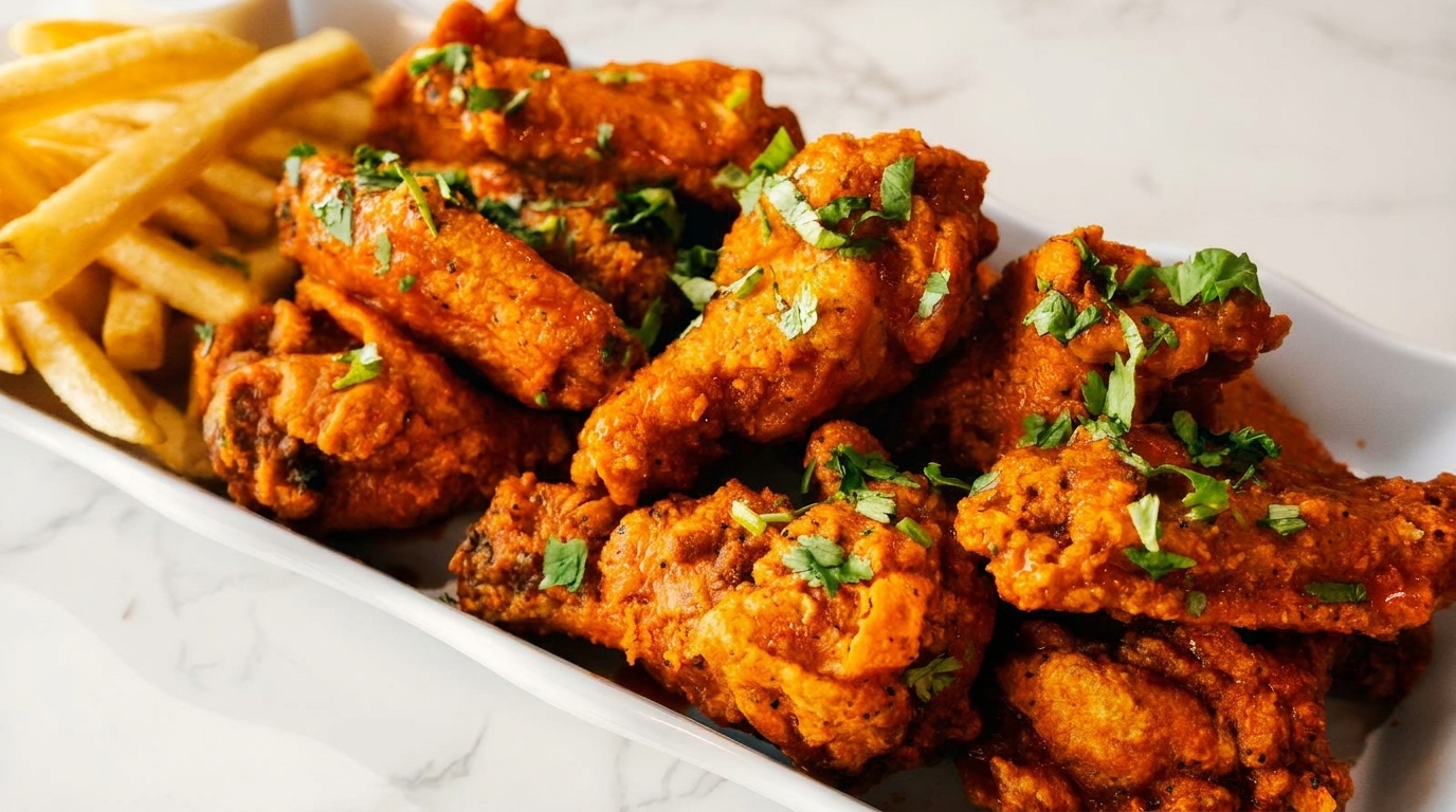 Crispy orange chicken wings with fresh parsley and a side of golden french fries on a white plate.