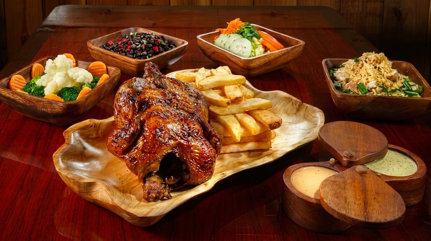 A whole roasted chicken and fries on a wooden platter, surrounded by side dishes and sauces.
