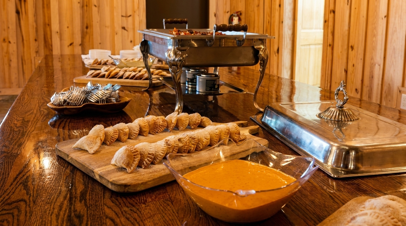 A buffet table with empanadas, a chafing dish, and a bowl of orange sauce.