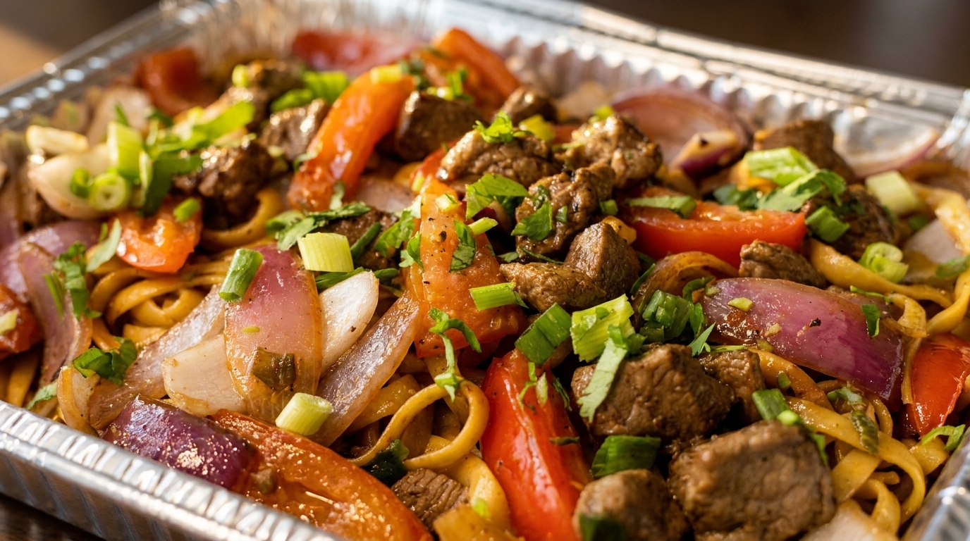 Close-up of Lomo Saltado with beef, red onions, tomatoes, and noodles in a foil container.