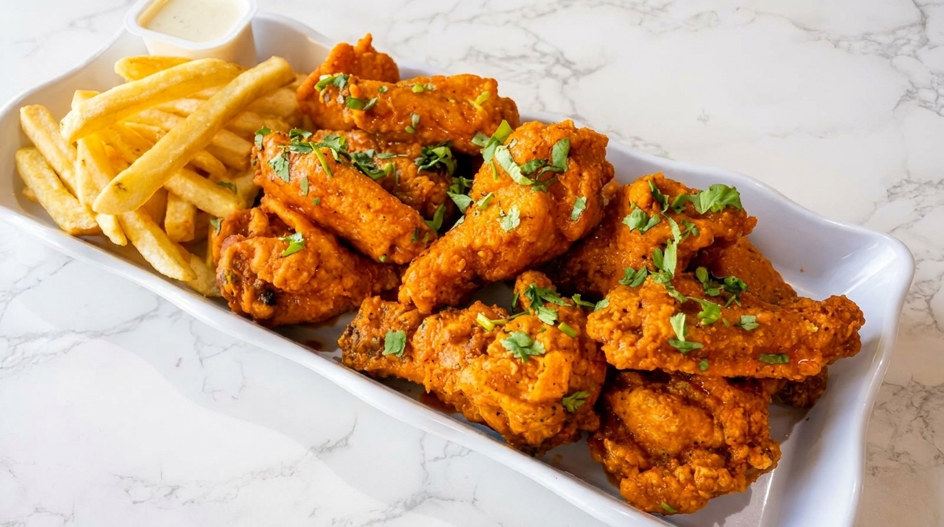 A white platter filled with crispy orange chicken wings topped with parsley, golden french fries, and dipping sauce.