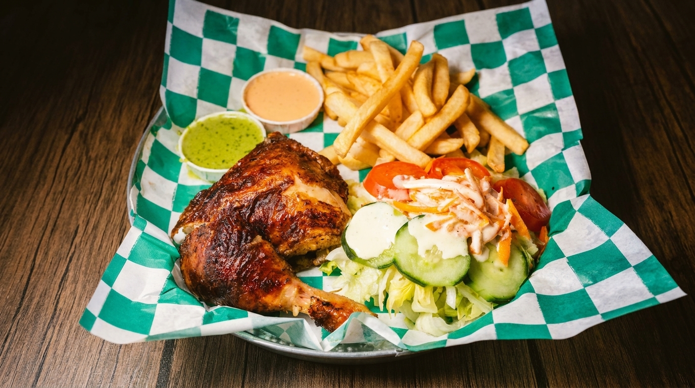 Grilled chicken leg and thigh with fries, salad, and two dipping sauces on checkered paper.