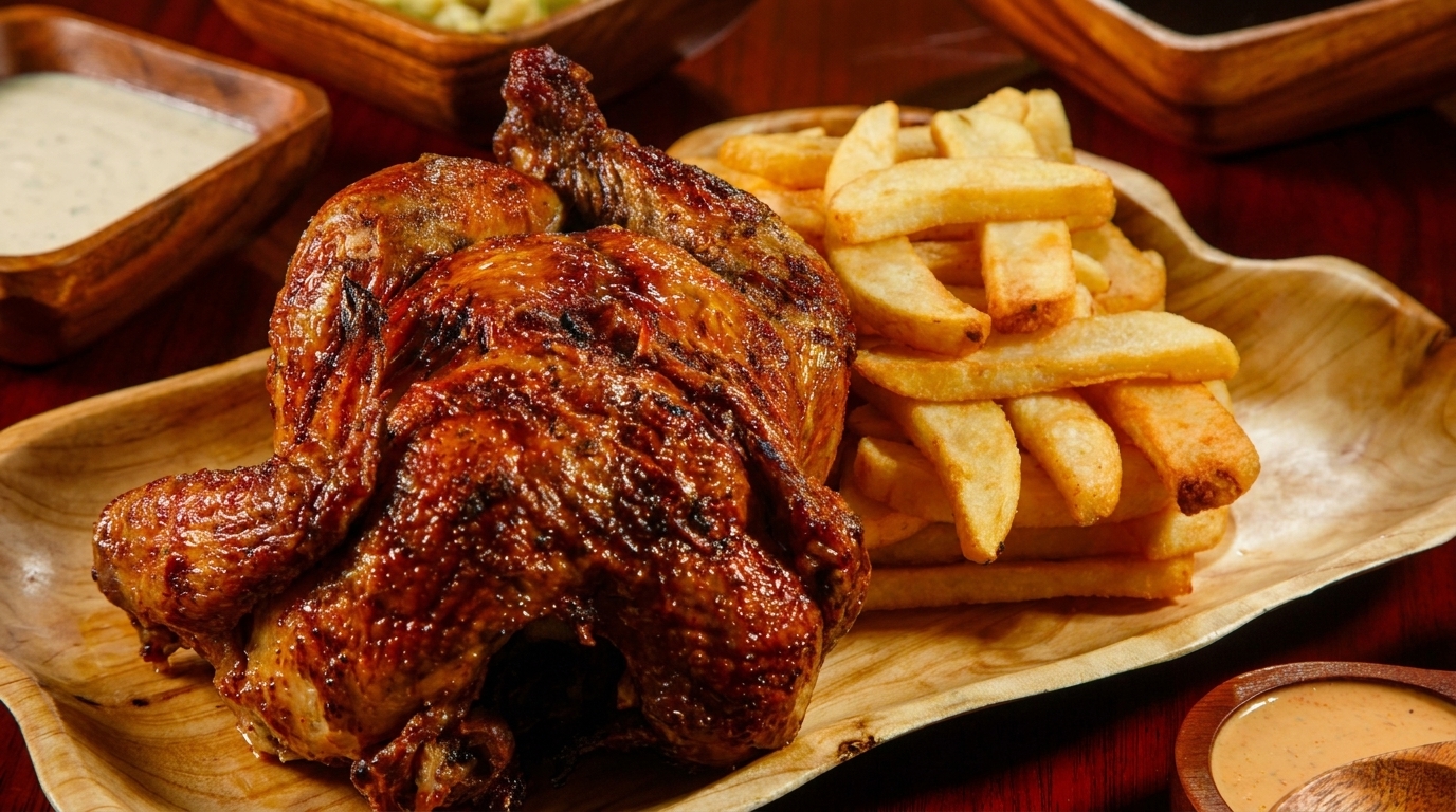 Whole roasted chicken and a pile of golden french fries on a wooden platter.