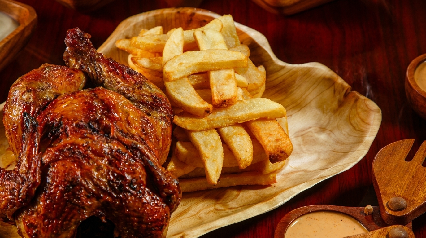 Whole roasted chicken and a pile of golden french fries on a wooden platter.