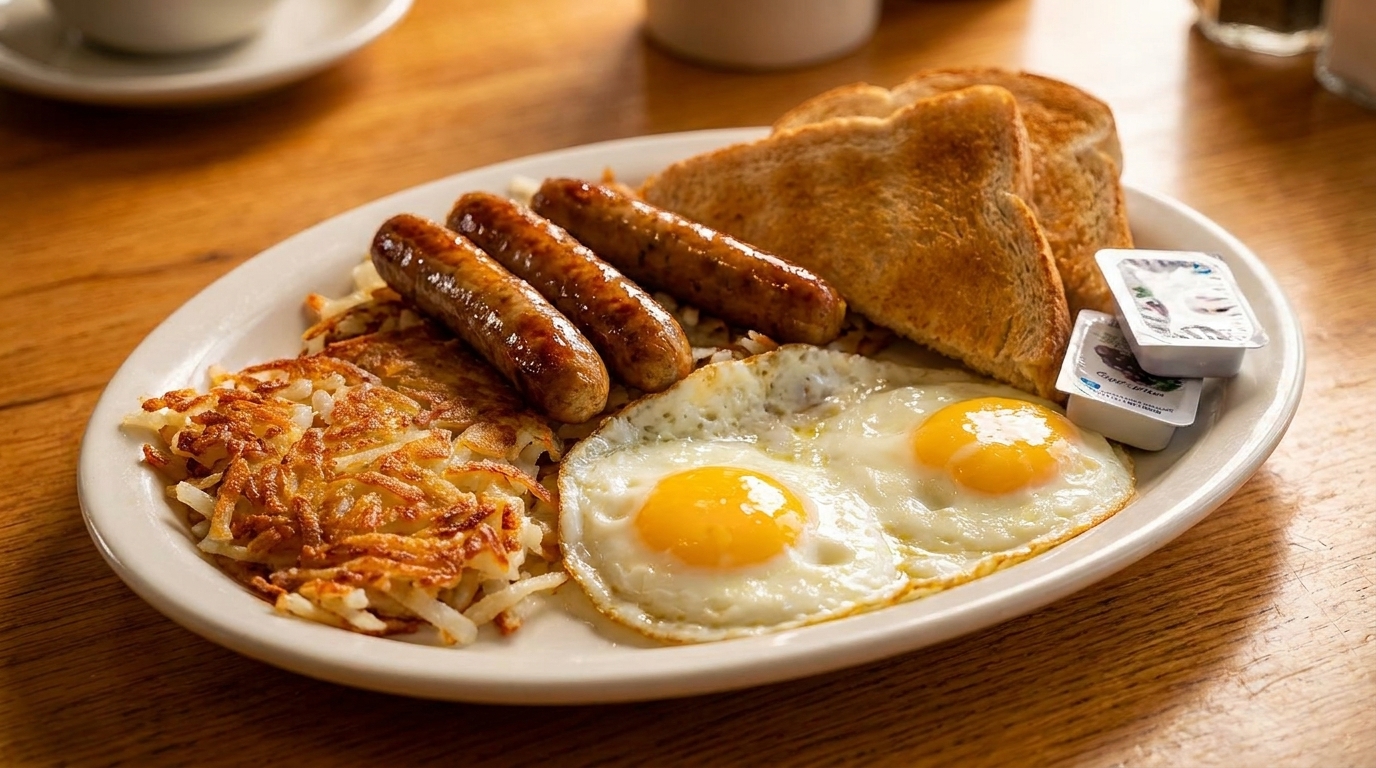 A breakfast platter with sausage links, fried eggs, hash browns, and toast on a wooden table.