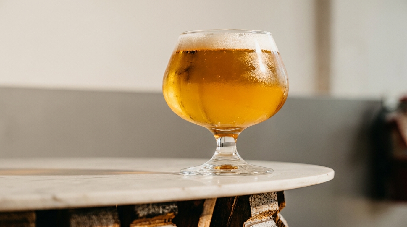 A glass of golden beer with foam and condensation sits on a marble table.