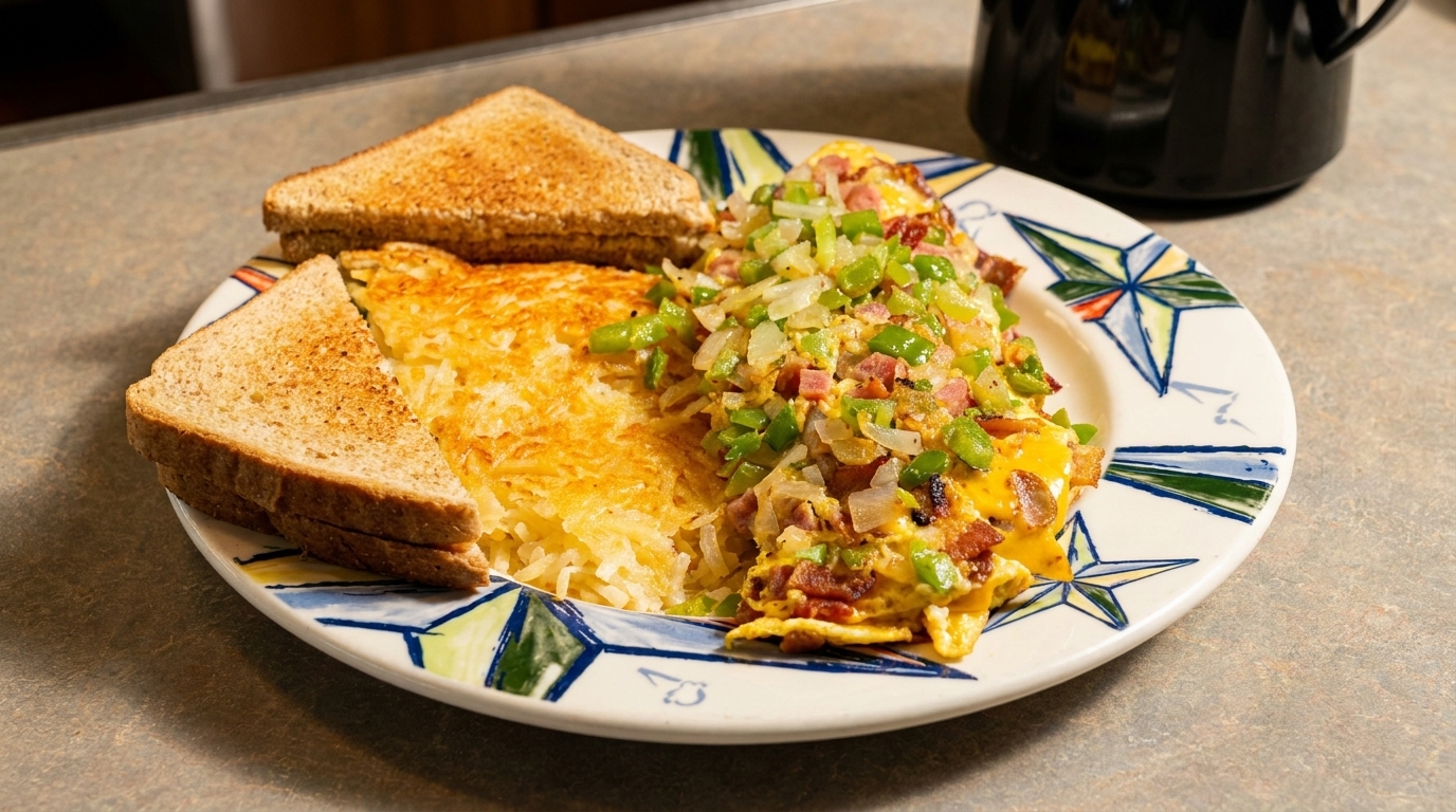 Breakfast plate with hash browns, an omelet topped with peppers and onions, and toast.