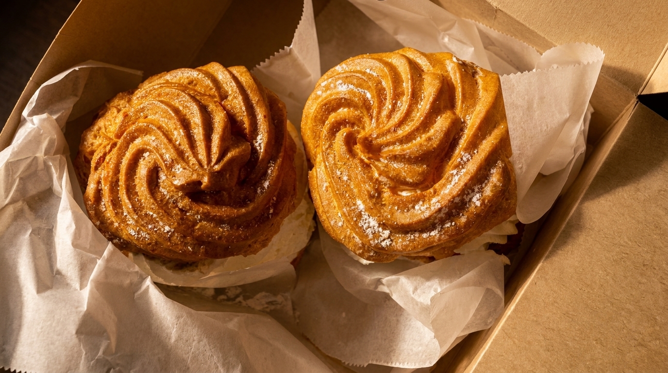 Two golden-brown cream puffs with powdered sugar, nestled in white paper inside a brown box.