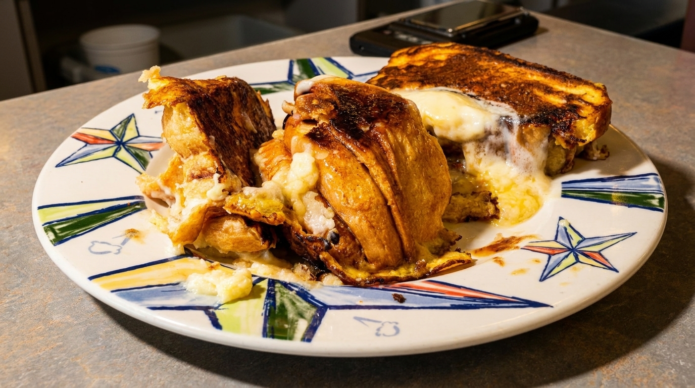 Golden-brown French toast pieces, some stuffed with creamy filling, on a star-patterned plate.
