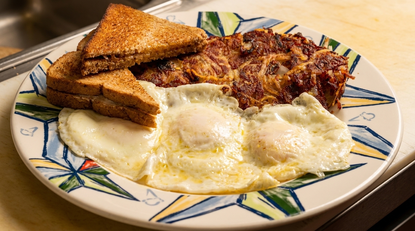 Breakfast plate with three fried eggs, crispy hash browns, and two slices of toasted bread.