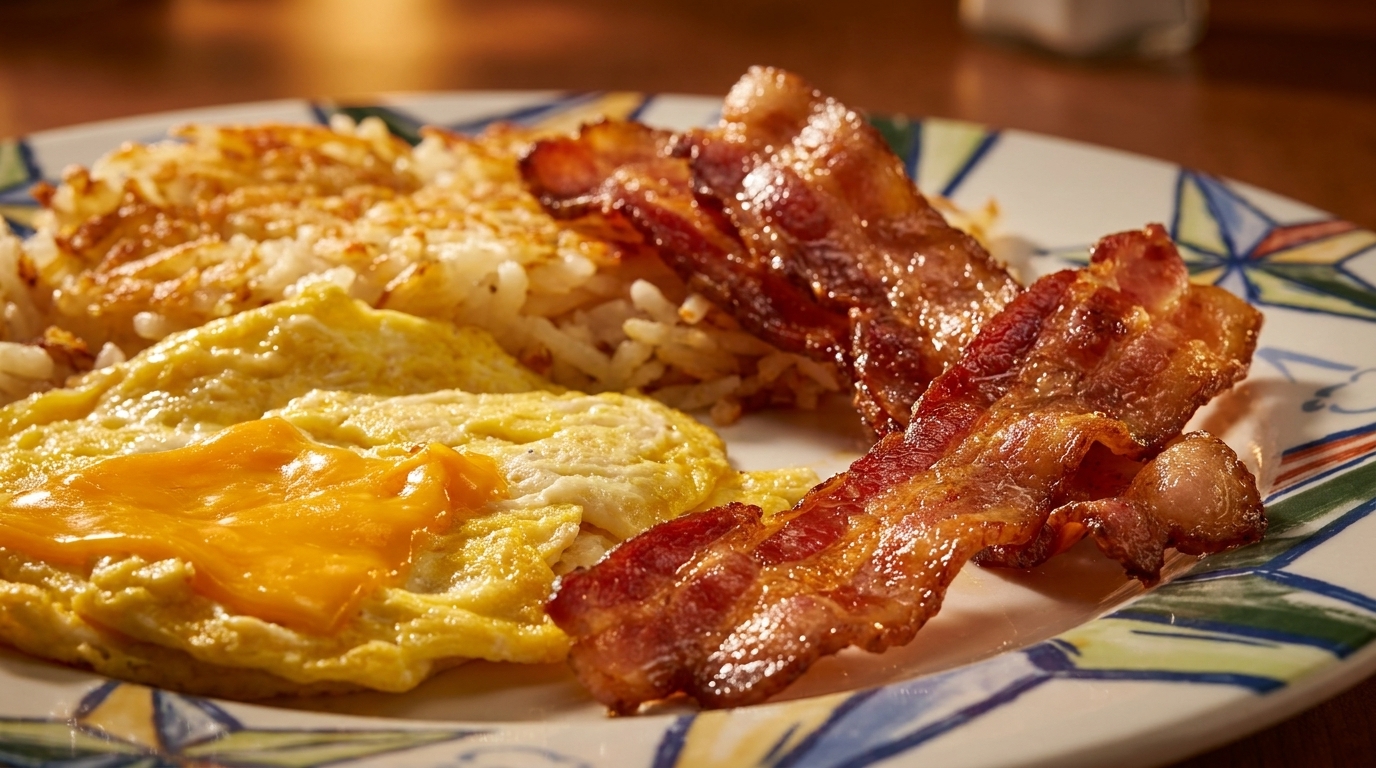 A breakfast plate with crispy bacon, cheesy scrambled eggs, and golden hash browns.