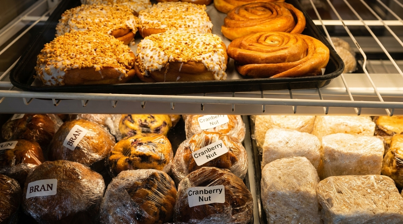 A bakery display case filled with cinnamon rolls, iced buns with nuts, and wrapped muffins.