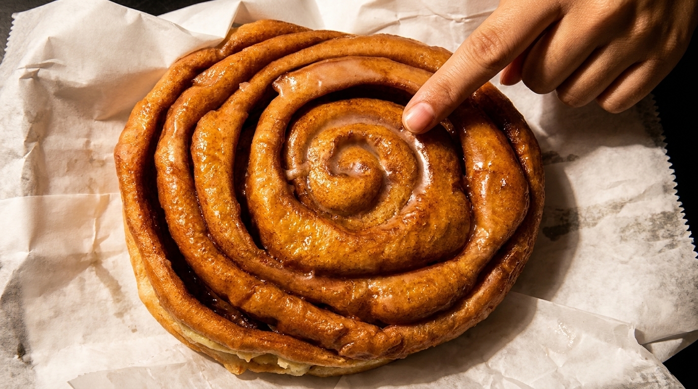 A hand touches a large, glazed cinnamon roll on white parchment paper.