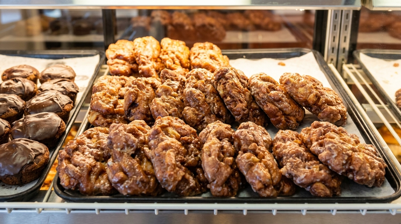Trays of glazed apple fritters and chocolate-frosted muffins displayed in a bakery case.