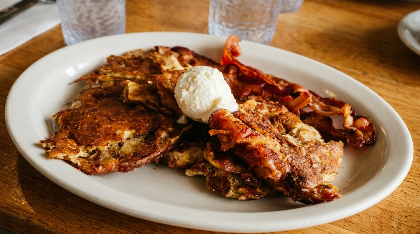 French toast with a scoop of butter and crispy bacon on a white plate.