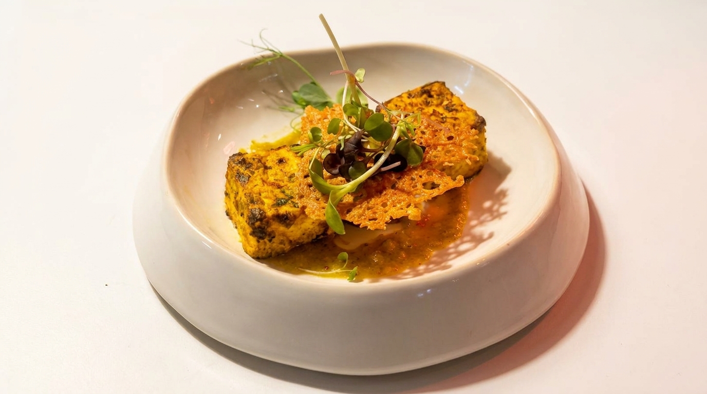 Two pieces of paneer tikka in a white bowl, garnished with microgreens and a cheese crisp.