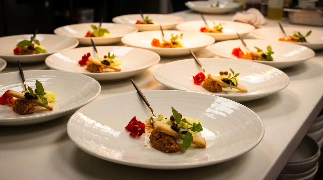 Multiple white plates of gourmet appetizers with intricate garnishes lined up on a kitchen counter.