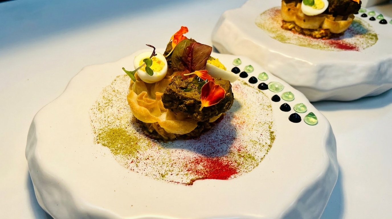 Gourmet dish with green meat, quail egg, edible flowers, and crispy pastry on a white plate.