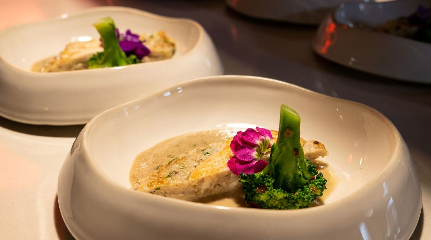 Two elegant white bowls of chicken or fish with sauce, broccoli, and a purple edible flower.