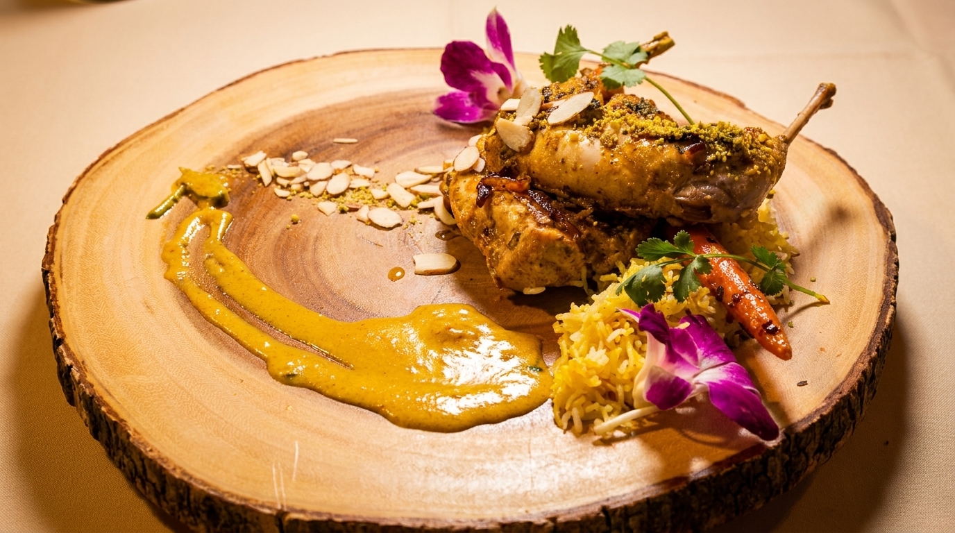 Roasted quail with rice, carrots, almonds, and a yellow sauce, garnished with orchids on a wooden platter.