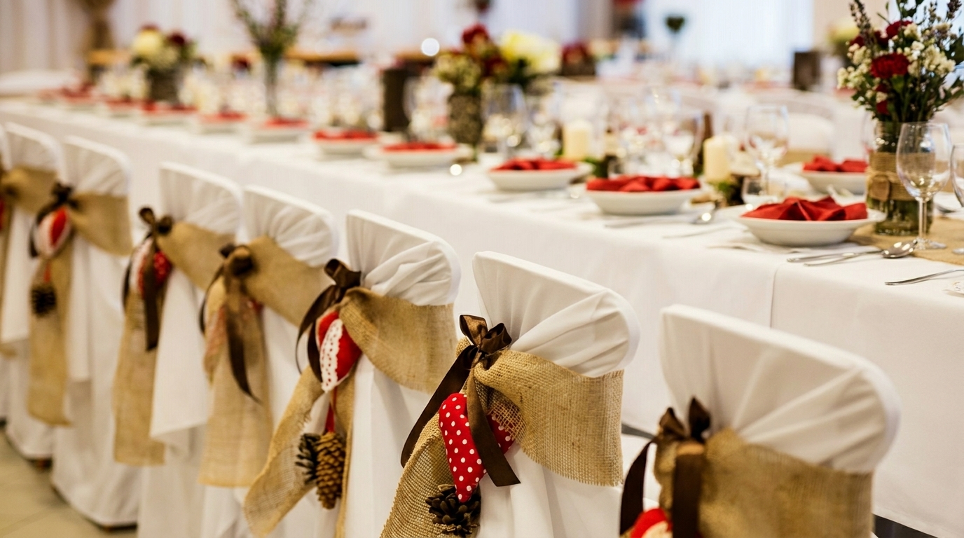 White chairs with burlap and ribbon decorations line a long table set for a banquet.