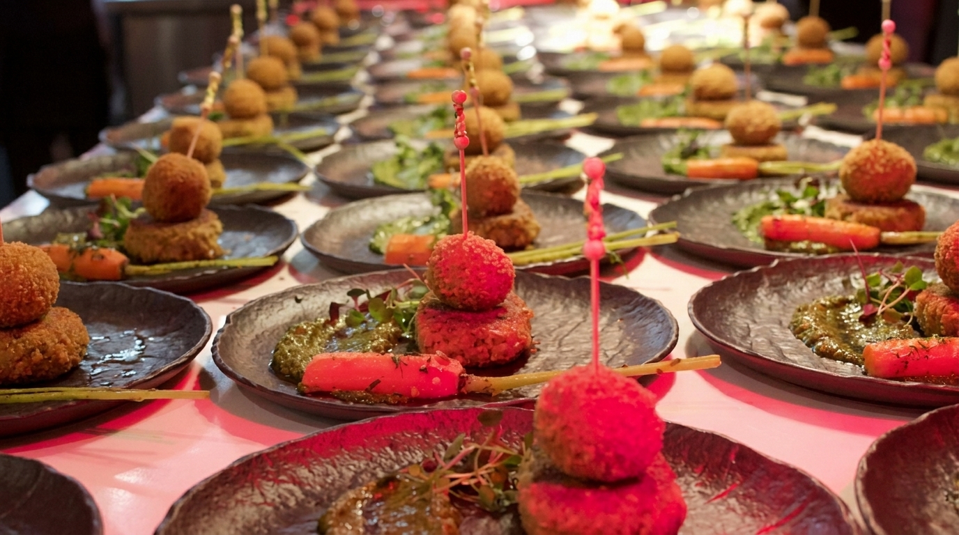 Rows of appetizer plates with fried balls on skewers, green sauce, and roasted carrots.