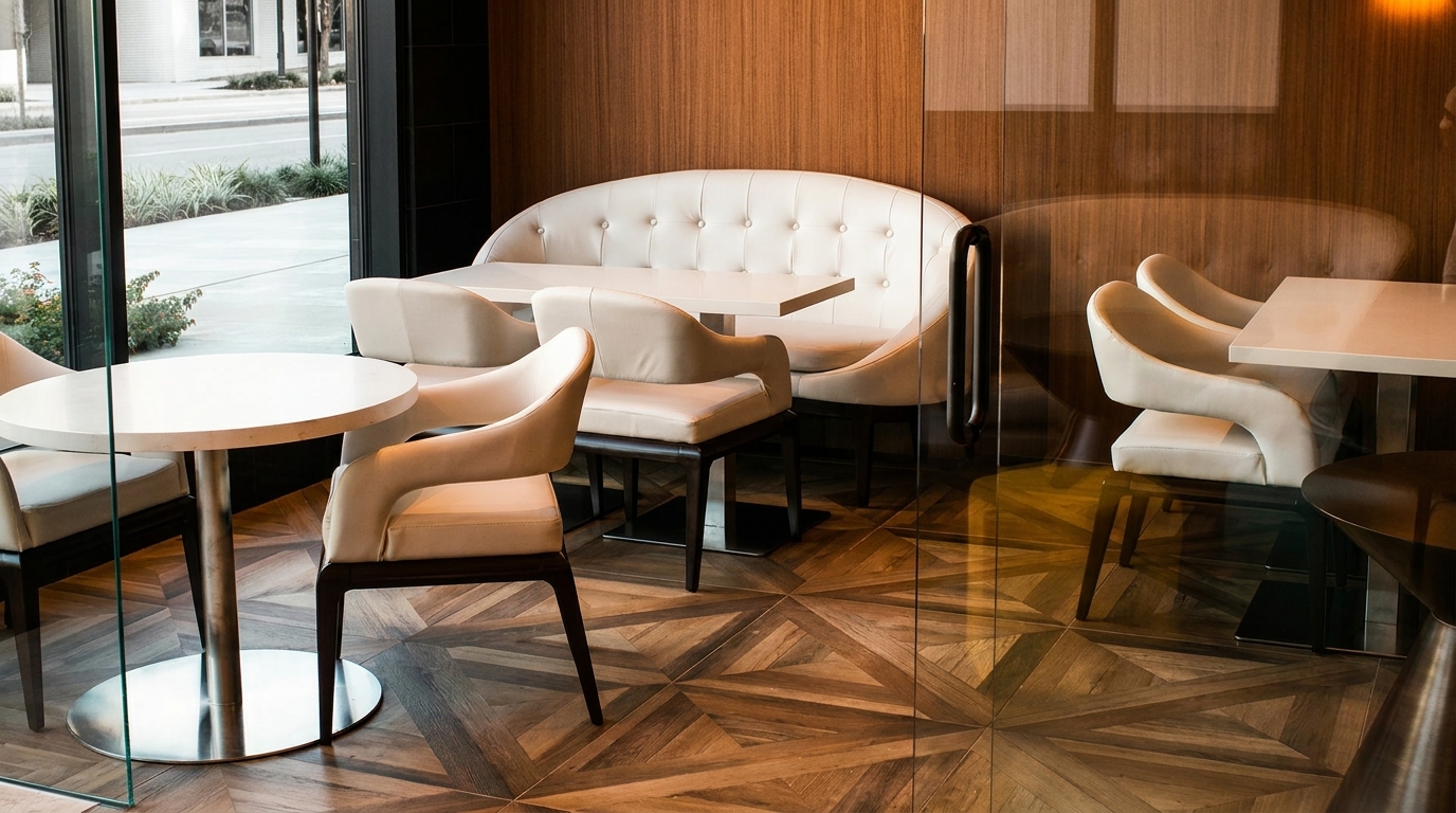Modern restaurant interior with light-colored chairs, tables, and a tufted booth against a wood-paneled wall.