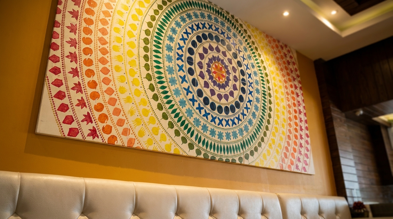 A large, colorful mandala painting with a rainbow of patterns hangs above a white tufted booth.