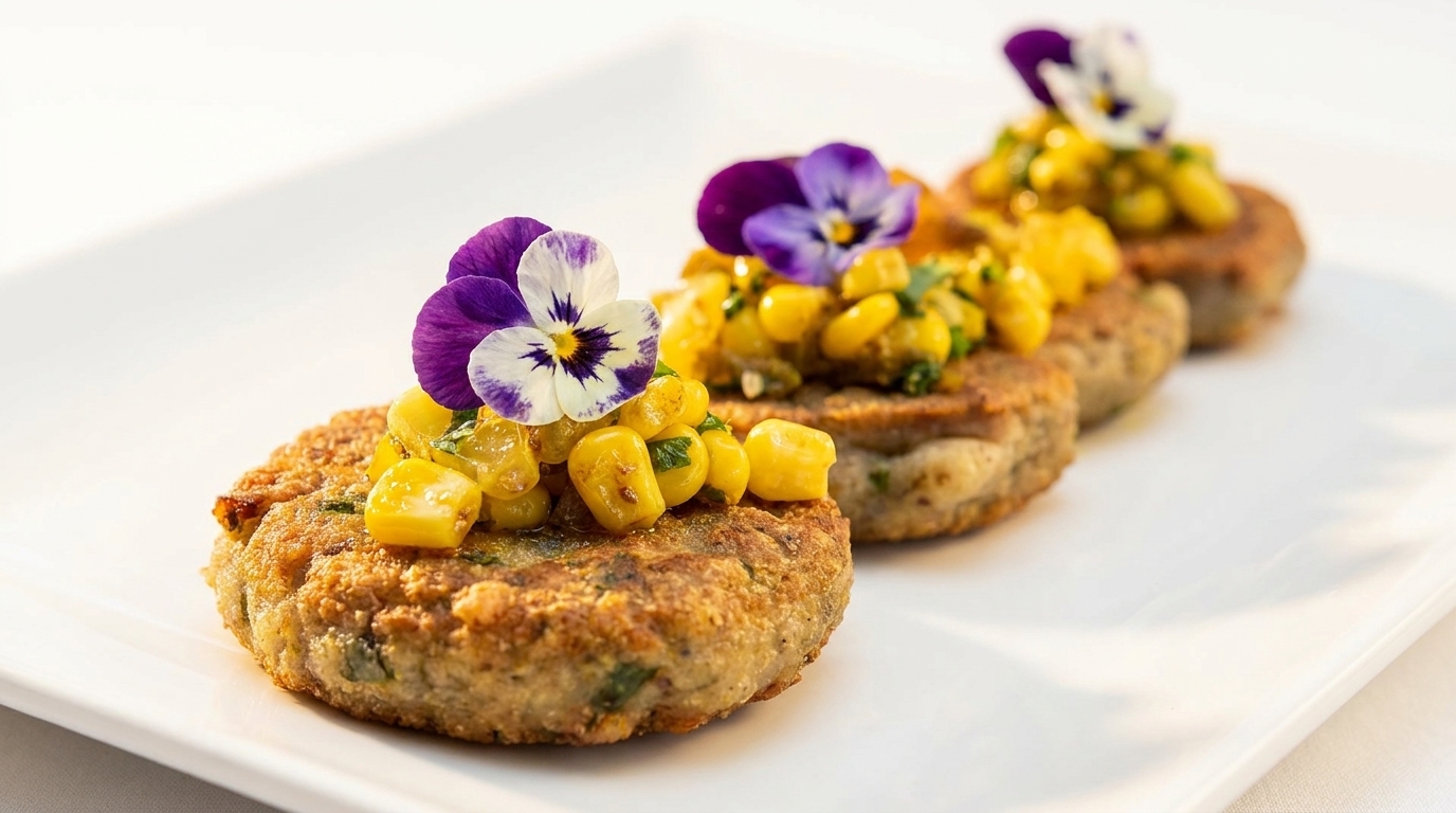 Three crab cakes topped with corn salsa and purple edible flowers on a white plate.