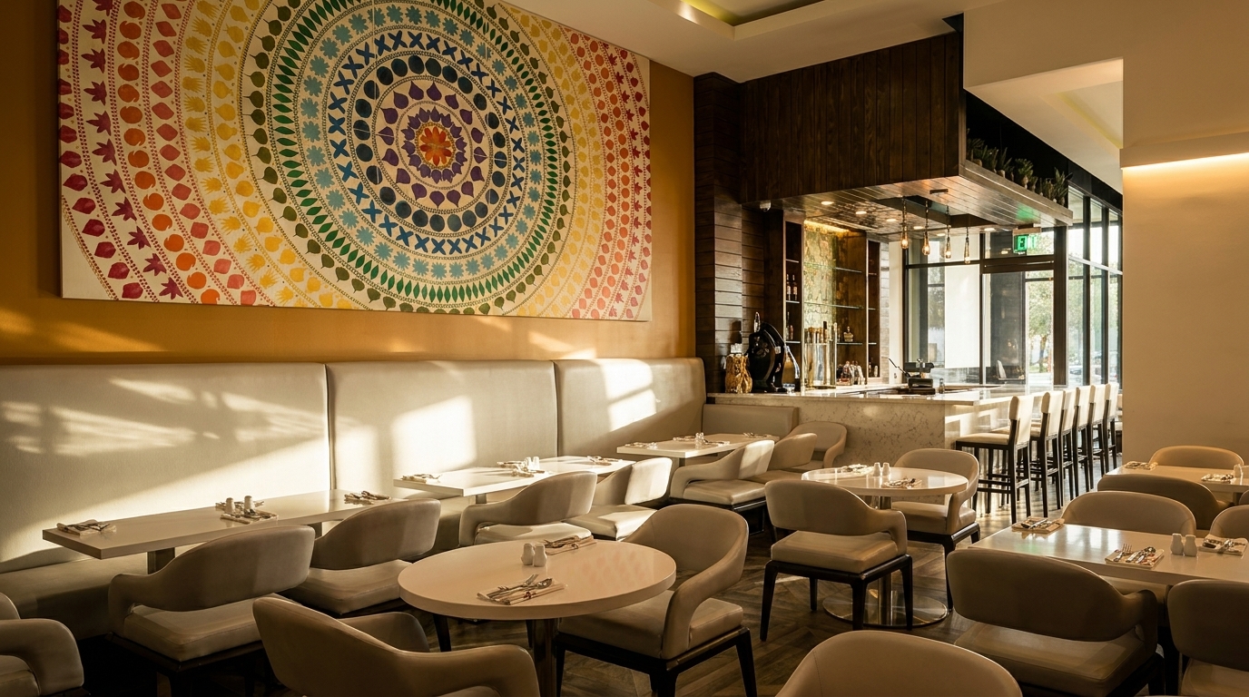 A restaurant dining room with white tables, chairs, banquettes, and a colorful mandala wall art.