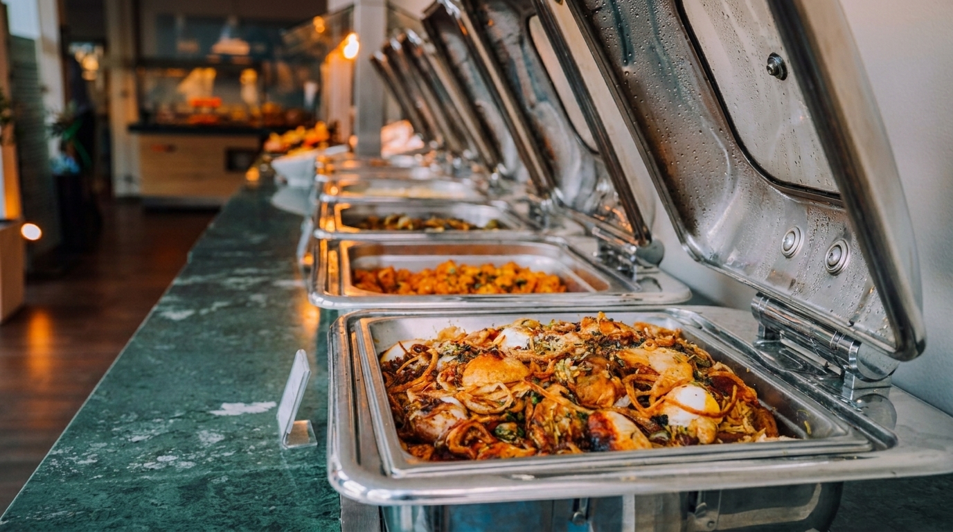 A buffet line with several chafing dishes filled with hot food, including chicken and noodles.