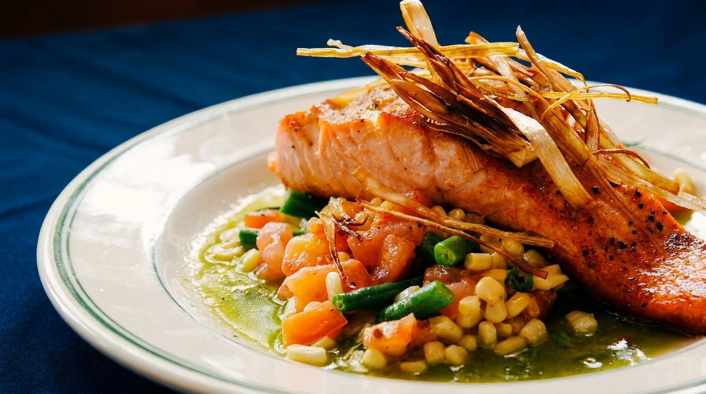 Pan-seared salmon with crispy leeks, corn, green beans, and diced tomatoes in a green sauce.