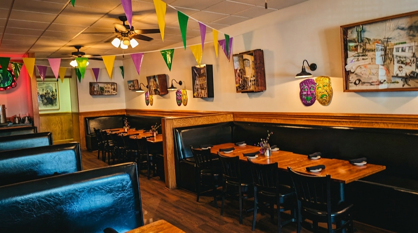 Restaurant interior with Mardi Gras decorations, black booths, wooden tables, and artwork on the walls.