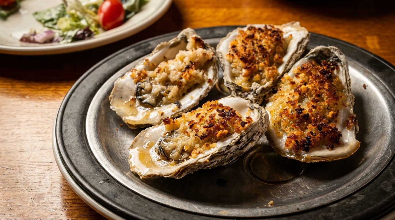 Four baked oysters with golden-brown breadcrumb topping on a dark metal plate, with a salad in the background.