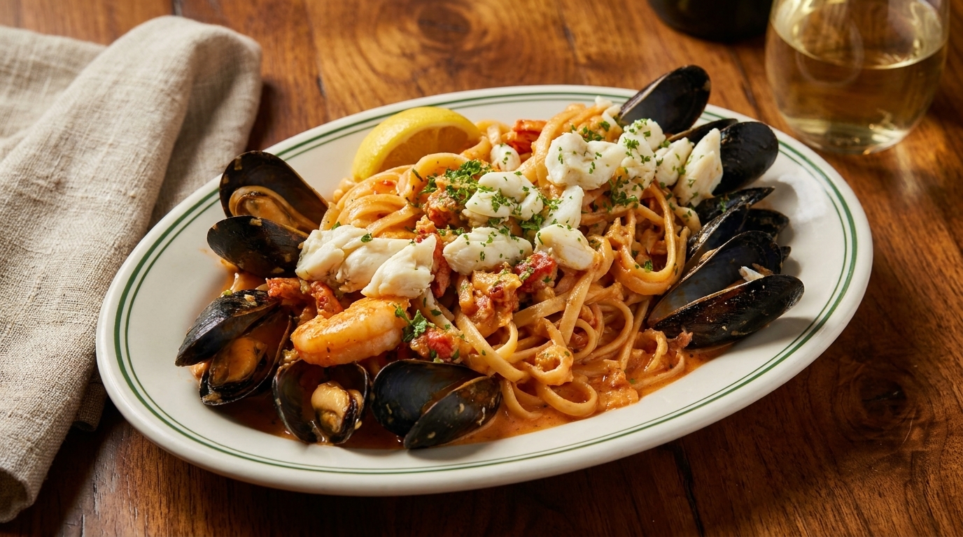 Seafood linguine with mussels, shrimp, crab meat, and a lemon wedge on a white plate.