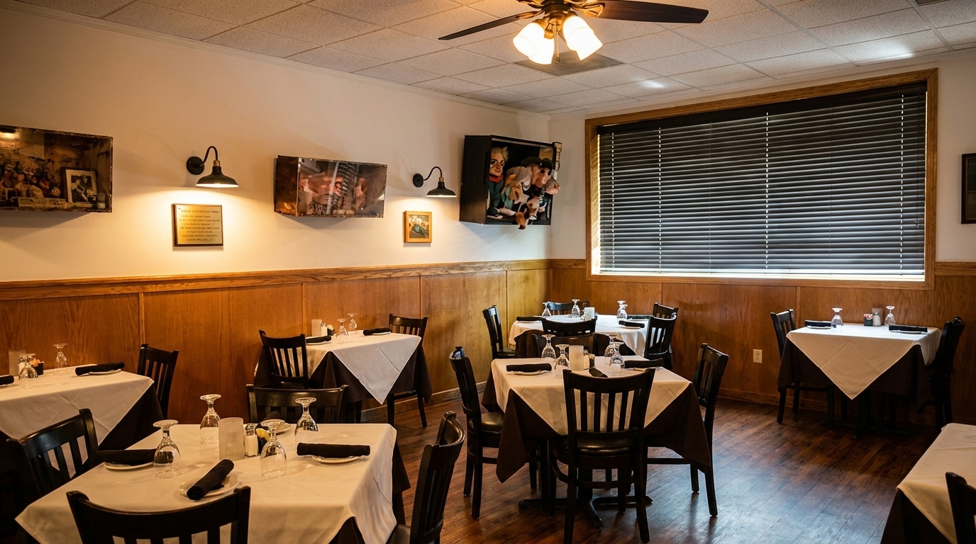 Cozy restaurant dining room with wooden paneling, set tables, and unique wall decor including puppets.