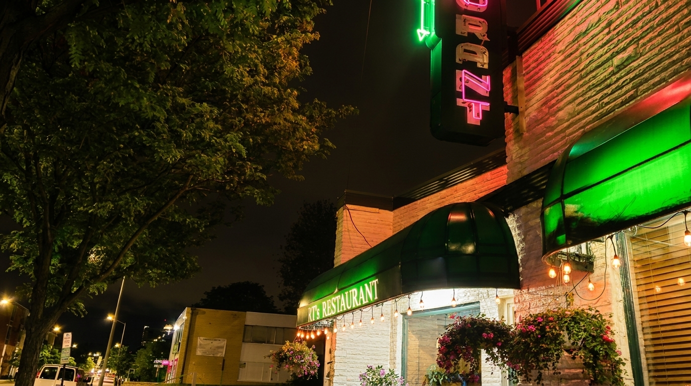 Exterior of RT's Restaurant at night, with green awnings, string lights, and hanging flower baskets.