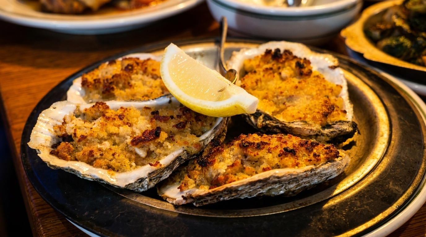 Four baked oysters with golden breadcrumb topping and a lemon wedge on a dark plate.