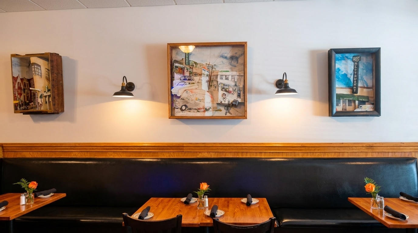Restaurant interior with black booth seating, wooden tables, and framed artwork on a white wall.