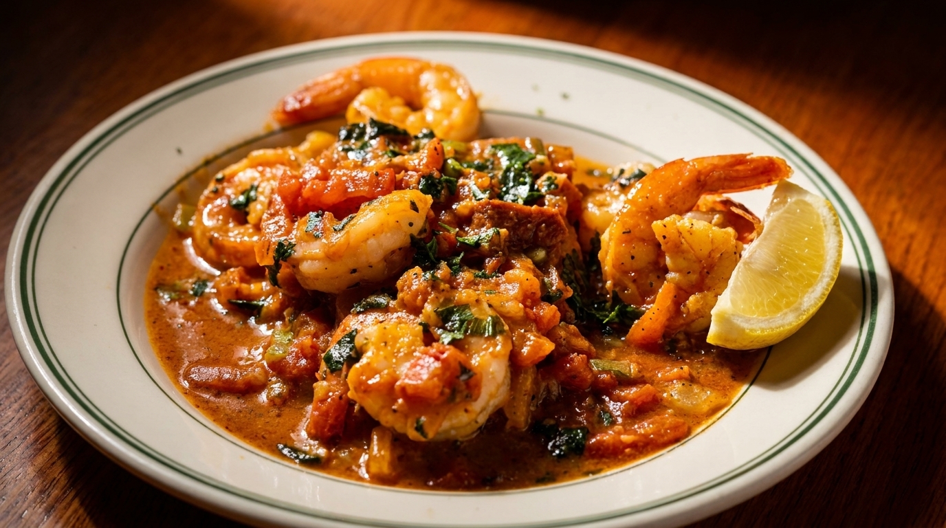 Shrimp and grits with a lemon wedge, served in a white bowl with a green rim.