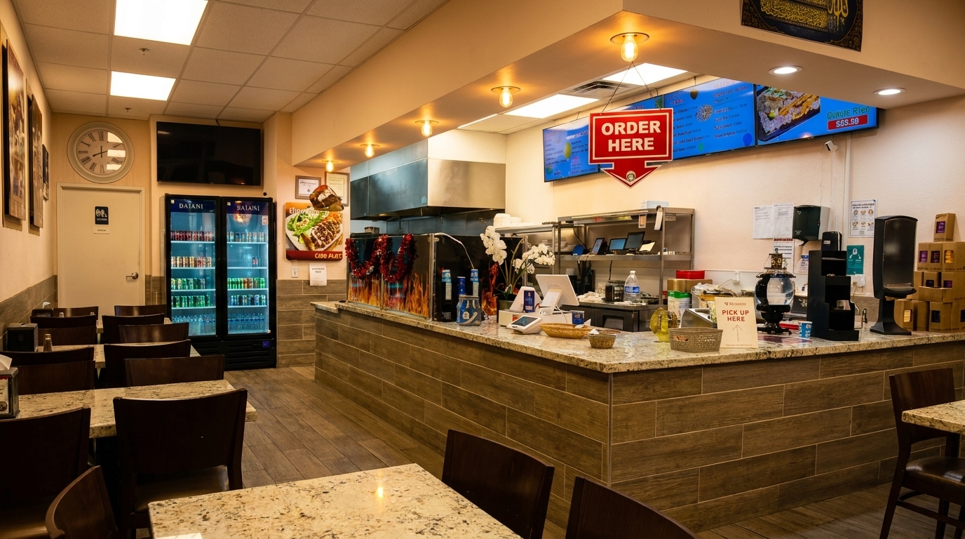 Interior of a casual restaurant with empty tables, a service counter, and a menu board.