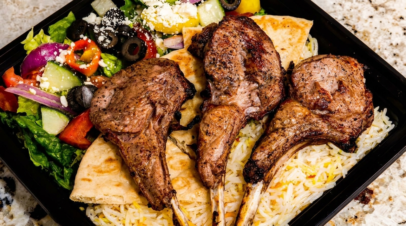 Four grilled lamb chops with rice, pita bread, and a fresh Greek salad in a black container.