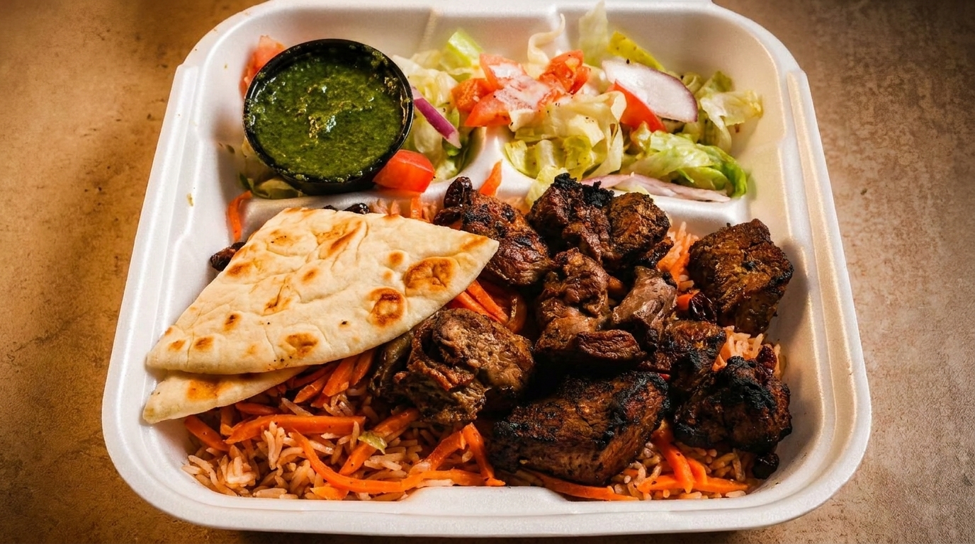 Grilled meat with rice, carrots, flatbread, green sauce, and salad in a takeout container.