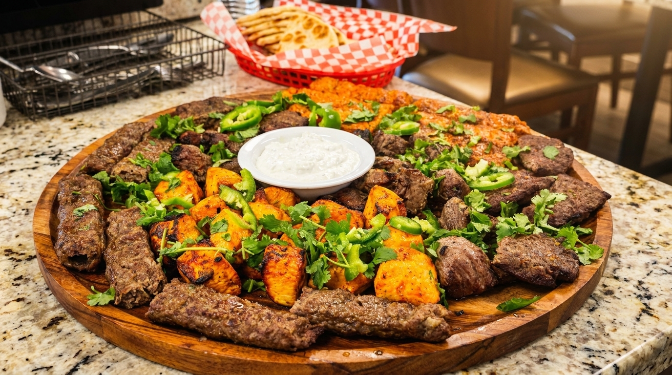 A large wooden platter filled with various grilled meats, roasted vegetables, and a white dipping sauce.
