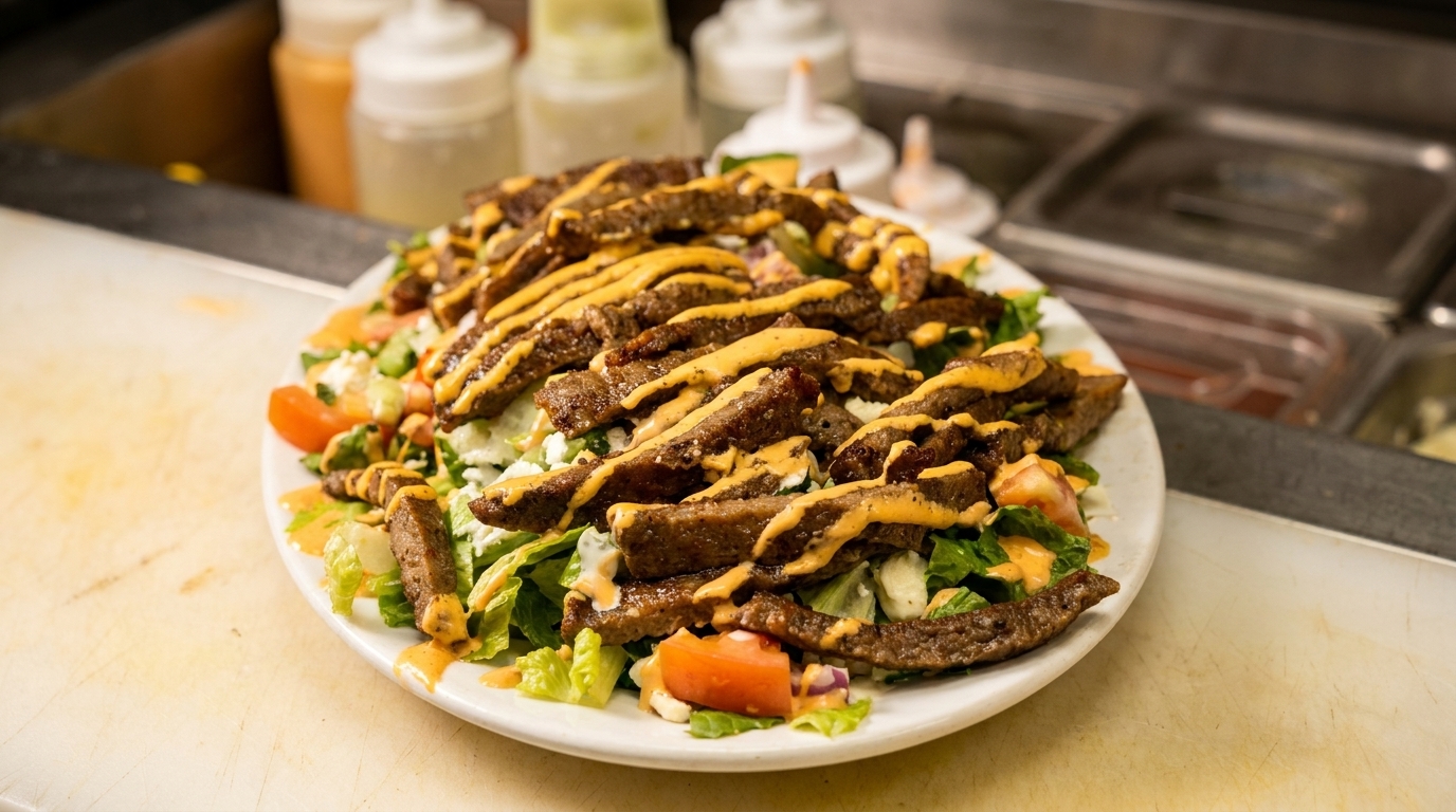 A large plate of steak salad with lettuce, tomatoes, and feta cheese, drizzled with sauce.