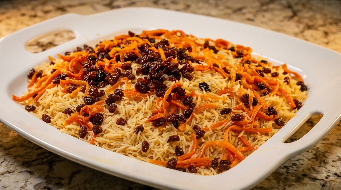 A white platter filled with Afghan Kabuli Palaw, featuring rice, carrots, and raisins.