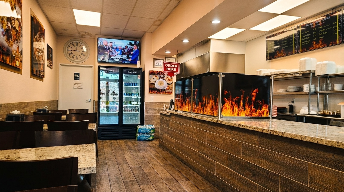Interior of a casual restaurant with tables, a counter with a flame-patterned screen, and a menu board.
