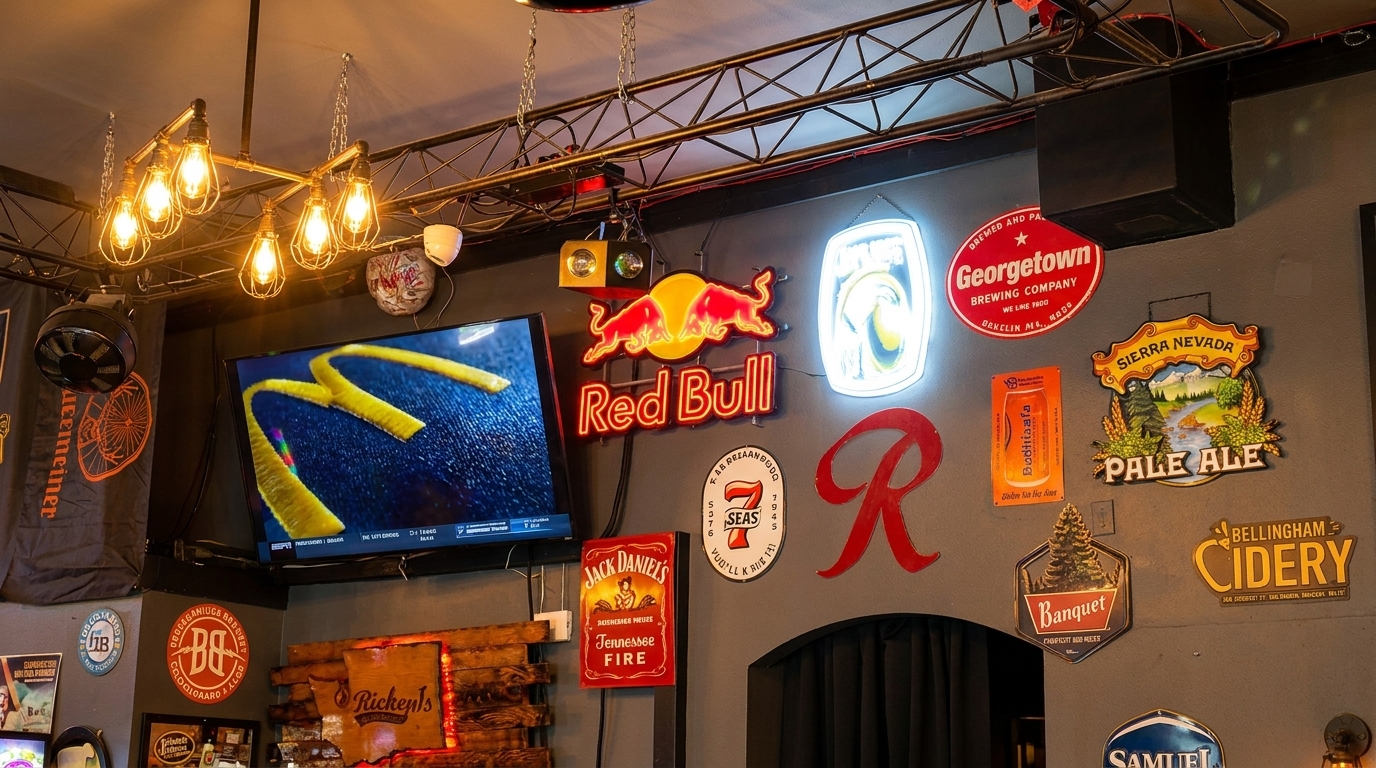 A bar interior with a TV displaying a McDonald's logo, surrounded by various neon and metal signs.