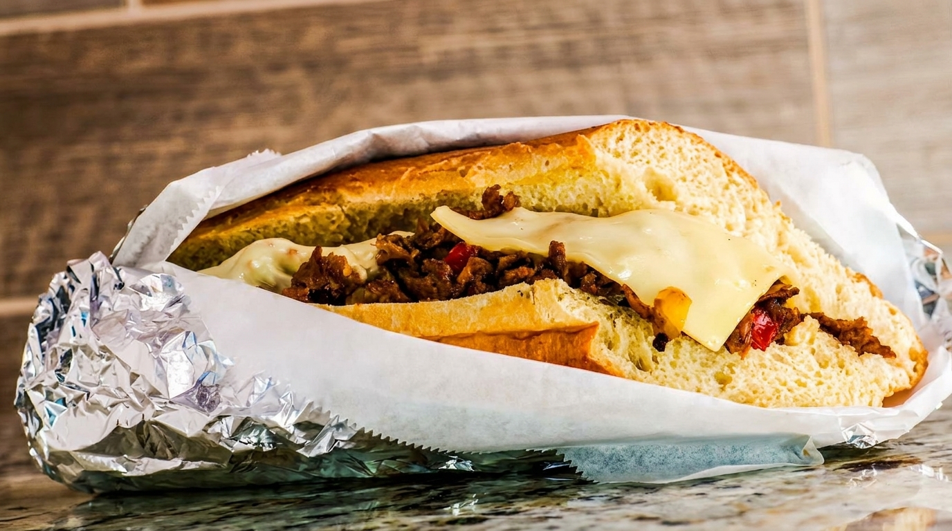 Cheesesteak sandwich with melted cheese, steak, and peppers, wrapped in paper and foil.